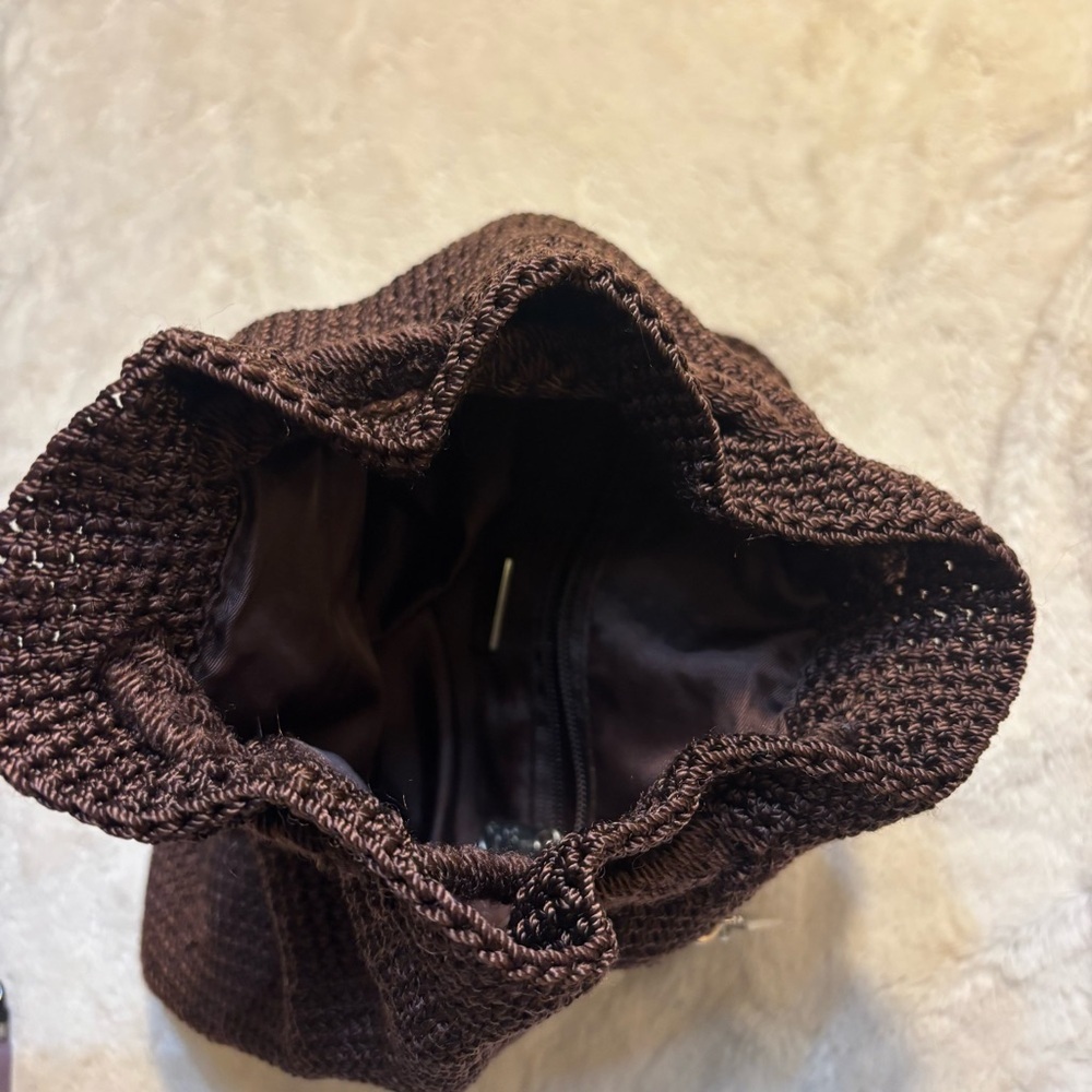 The Sak OMG Mini Backpack Chocolate Brown Crochet Knit Drawstring Pockets Boho - Picture 7 of 16